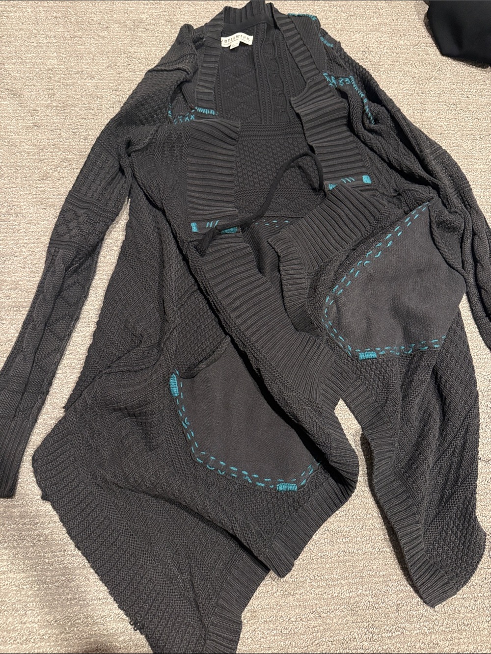Idyllwind XS Black Cable Knit Cardigan Sweater with Teal Stitch Accents